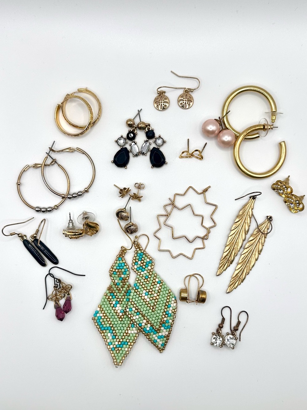 Lot of 18 Pairs of Gold Tone Earrings - Dangles Hoops Beaded Boho Mixed Lot